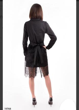 Черное платье рубашка с гипюровой юбкой длинным рукавом2 фото