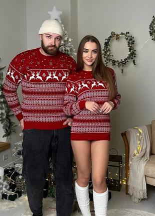 Мужской новогодний свитер с оленями красный теплиц4 фото