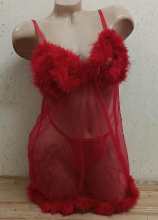 Пеньюар та стрінги червоний з пухом прозорий р s/m
