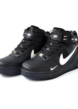 Nike air force 1 mid кросівки жіночі зимові з хутром відмінна якість ботінки сапоги високі теплі найк форс чорні з білим шкіряні