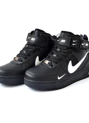 Nike air force 1 mid кроссовки женские зимние с мехом отличное качество ботинки сапоги высокие теплые найк форс черные с белым кожаные