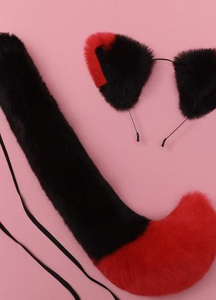 Набір: котячі ободок вушка та хвіст чорний із червоним, костюм карнавальний, ошатний кіт, аніме, косплей