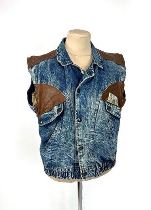 Куртка безрукавка джинсовая винтажка, r gdra paris, с кожаными элементами