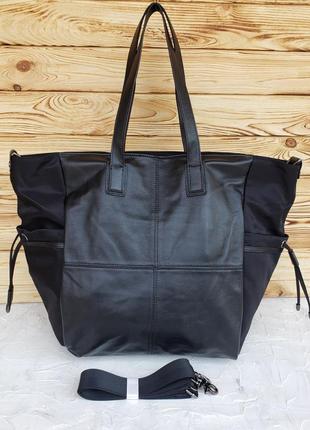 Женская кожаная текстильная большая сумка жіноча шкіряна текстильна чёрная чорна