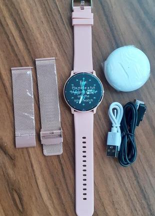 Смарт часы розовые с браслетом + наушники3 фото