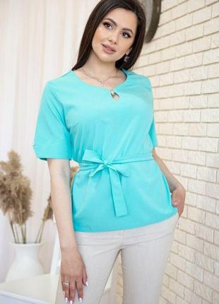 Блузка с короткими рукавами и поясом, цвет бирюзовый, размер 46, 172r28-1