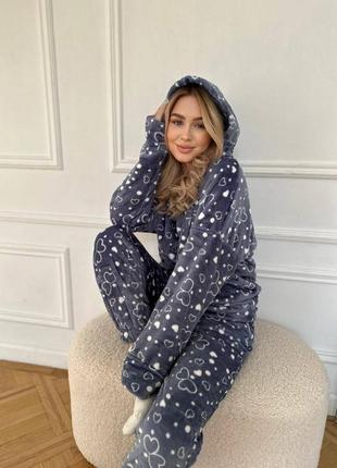 Жіночий тепленький плюшевий домашній комплект батнік і штани піжама зручна