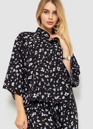 Блуза классическая с цветочным принтом, цвет черный, размер l-xl, 102r332-1