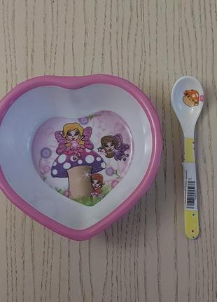 Тарілка дитяча меламінова глибока у формі сердечка ложечка в подарунок