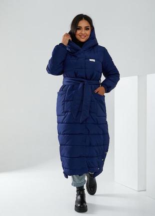 42-56р зимовий пуховик синій довгий подовжена зимова куртка з капішоном батал великі розміри
