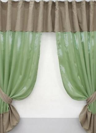 Фіранка на кухню (285х170см) з ламбрекеном та підв'язками. колір оливковий з бежевим