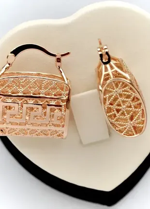 Красиві ажурні позолочені сережки сумочки (медичне золото)