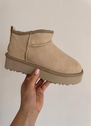 Замшевые натуральные угги ультра мини, ugg ultra mini platform бежевые, овчина