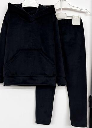 Ціна від розміру! костюм дитячий спортивний велюровий на худі кенгуру лосини, чорний