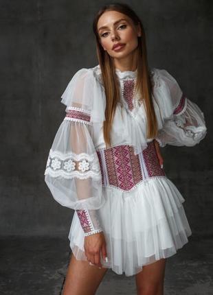Платье - вышиванка женское мини короткое, нарядное, белое
