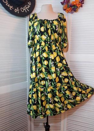 Платье сарафан миди длинное черное в принт лимоны 🍋 лимонный принт george