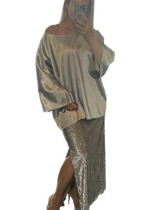 42-64р срібляста довга спідниця паєтка жіноча пряма нарядна святкова срібло дзеркальна батал