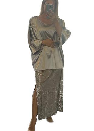 42-64р срібляста довга спідниця паєтка жіноча пряма нарядна святкова срібло дзеркальна батал2 фото