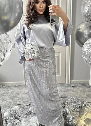 42-64р срібляста довга спідниця паєтка жіноча пряма нарядна святкова срібло дзеркальна батал4 фото