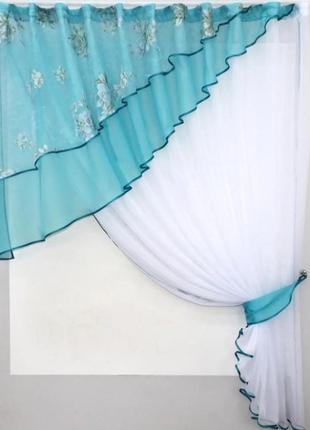 Шторки на кухню (280х170см) з ламбрекеном. колір лазурний з білим