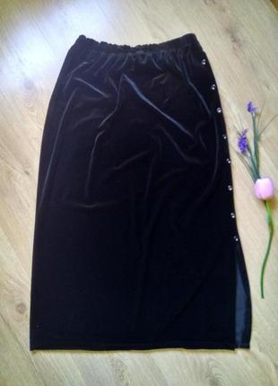 Нарядная черная бархатная юбка макси с боковым разрезом/женская юбка на резинке1 фото