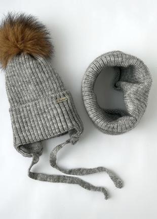 Комплект шапка та хомут сірий зима 46-50см