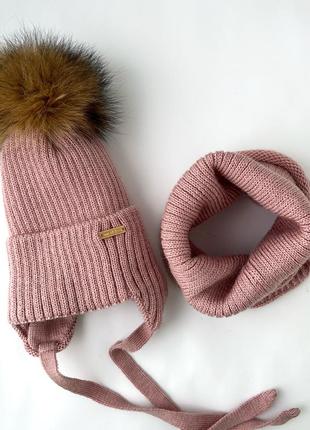 Комплект шапка и хомут на зиму пудра 46-50см