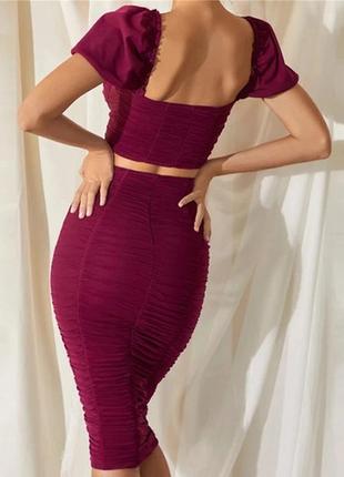 Коплект костюм набір кроп топ пишні рукава пуфи спідниця  юбка міді в складку бордовий oh polly ох поллі3 фото
