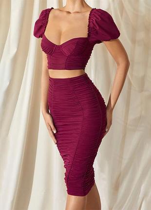 Коплект костюм набір кроп топ пишні рукава пуфи спідниця  юбка міді в складку бордовий oh polly ох поллі2 фото