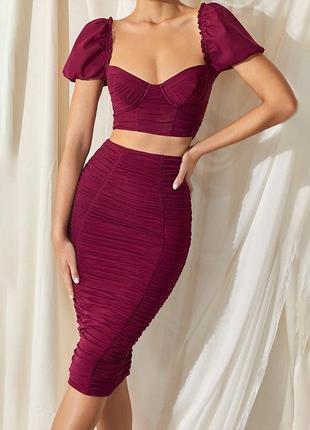 Коплект костюм набір кроп топ пишні рукава пуфи спідниця  юбка міді в складку бордовий oh polly ох поллі