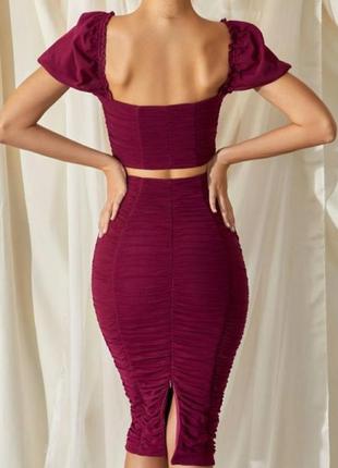 Коплект костюм набір кроп топ пишні рукава пуфи спідниця  юбка міді в складку бордовий oh polly ох поллі4 фото