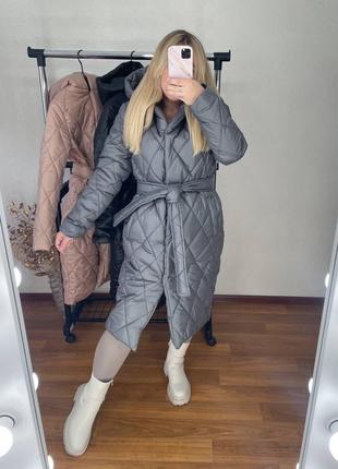 Женское зимнее пальто в ромбик с поясом стильное теплое на синтепоне3 фото