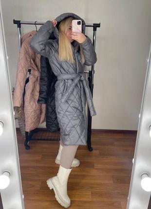 Женское зимнее пальто в ромбик с поясом стильное теплое на синтепоне2 фото