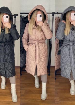 Женское зимнее пальто в ромбик с поясом стильное теплое на синтепоне6 фото
