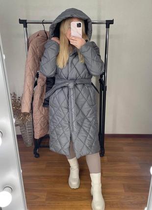 Женское зимнее пальто в ромбик с поясом стильное теплое на синтепоне4 фото