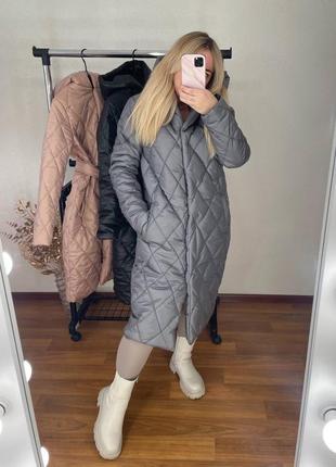 Женское зимнее пальто в ромбик с поясом стильное теплое на синтепоне5 фото