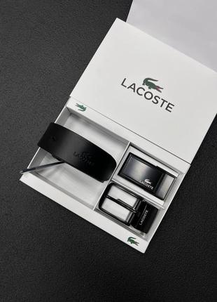 Чоловічий ремінь lacoste  чорний з 2 пряжками на подарунок / подарунковий набір