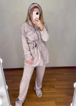 Теплая женская велюровая пижама с повязкой комплект кофта с поясом и штаны зимний