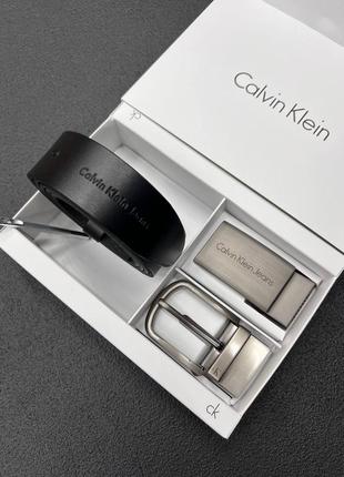 Мужской ремень calvin klein черный с 2 пряжками на подарок / подарочный набор