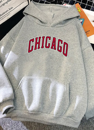 Теплое женское худи с надписью "chicago" на мягкой флисовой подкладке (серый, белый, электрик, черный)1 фото