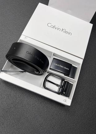 Чоловічий ремінь calvin klein чорний з 2 пряжками на подарунок / подарунковий набір