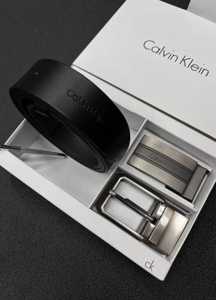 Чоловічий ремінь calvin klein чорний з 2 пряжками на подарунок / подарунковий набір