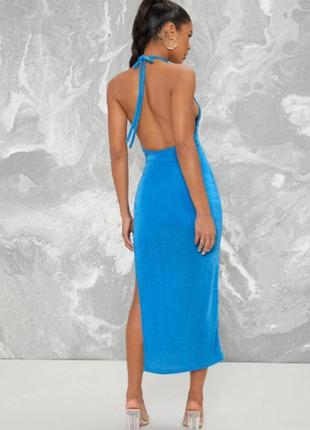 Плаття блакитне масляне з вирізом декольте, розріз, відкрита спина2 фото