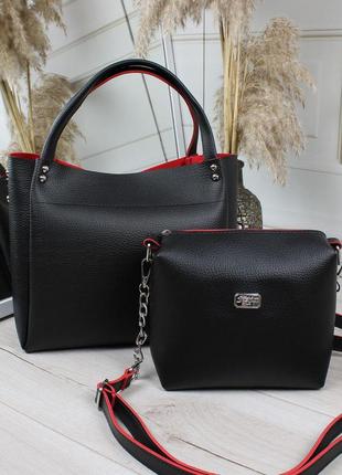 Жіночий якісний комплект: сумка+клач зі штучної шкіри люкс якості чорний з червоним