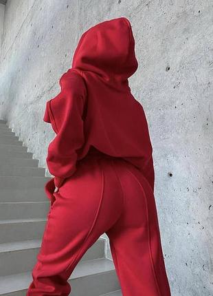 Женский спортивный костюм однотонный теплый с капюшоном на флисе / красный, черный, бежевый2 фото