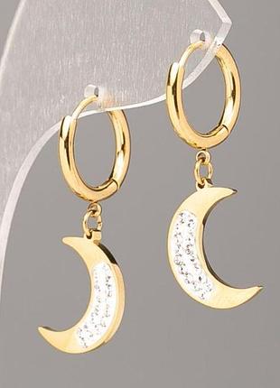 Серьги месяц xuping позолота 18к с белыми стразами d-16х11мм +-