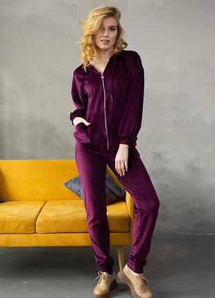 Жіночий велюровий спортивний костюм з кишенями сливовий 54