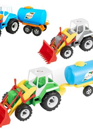 Трактор тигр з ковшем і причепом-бочкою в сітці. orion 051