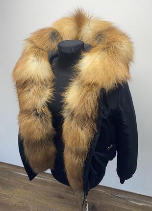 Яркий зимний бомбер с мехом золотистой лисы gold fox, 42-60 размеры, 65 см длина