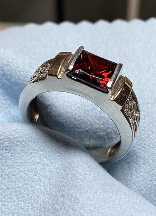 Серебряная кольца,перстень,кольцо 925 пробы с золотой пластиной и натуральным гранатом2 фото